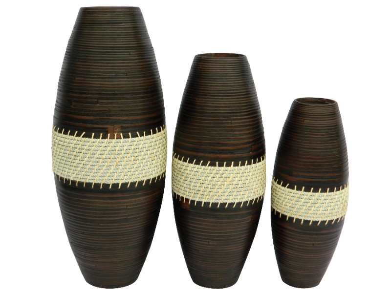 Premium Coiled Bamboo Floor Vases with Woven Rattan Accent - Set of 3